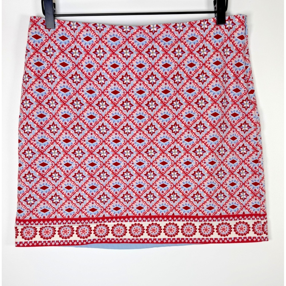 Talbots Skirt Womens 12P Petite Red Blue Geometric Print Cotton Blend Lined‎